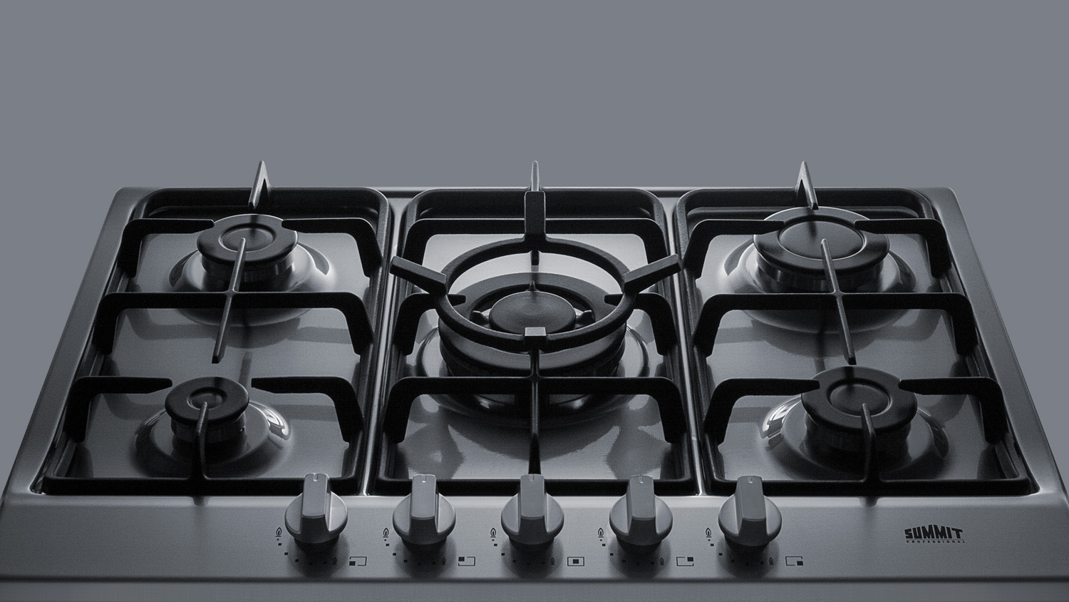 5-burner gas cooktop made in Italy in a stainless steel finish with sealed burners, cast iron grates, and wok stand; fits standard 24